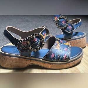 L'ATISTE Blue Floral Cork Platform Sandals with Jeweled Buckles
